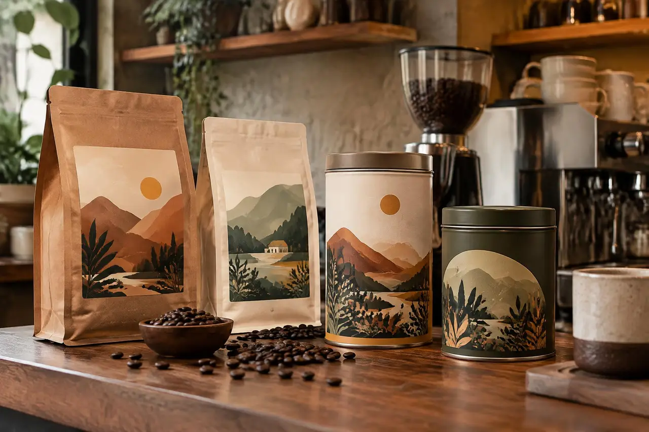 Coffee bags and tins with illustrated labels on a café counter