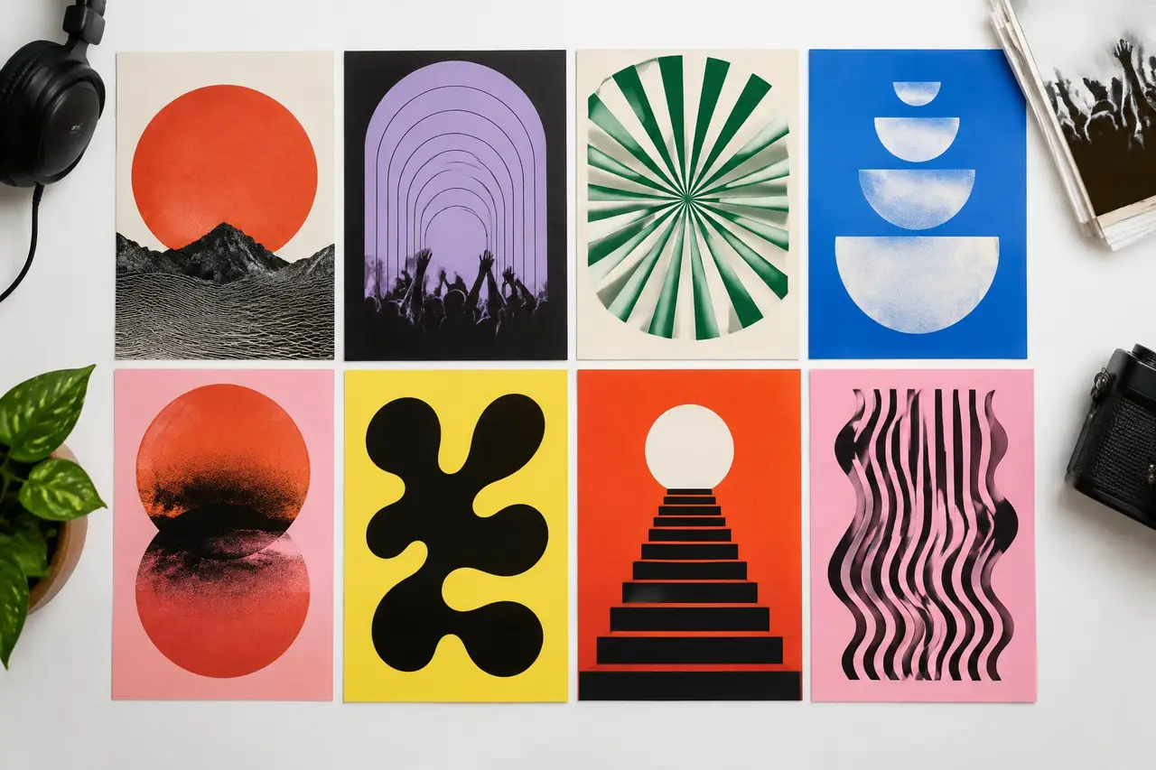 Grid of bold graphic postcards