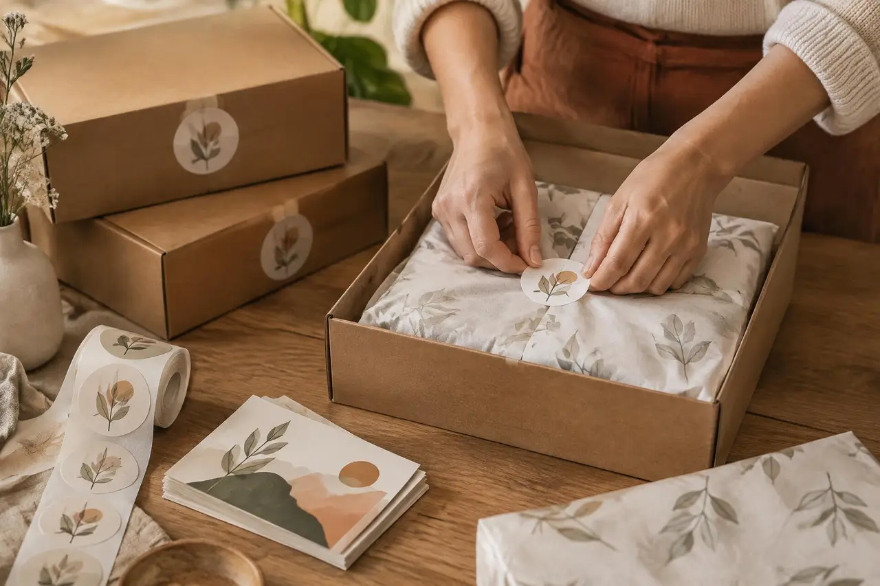 Hands sealing a mailer box with a printed sticker