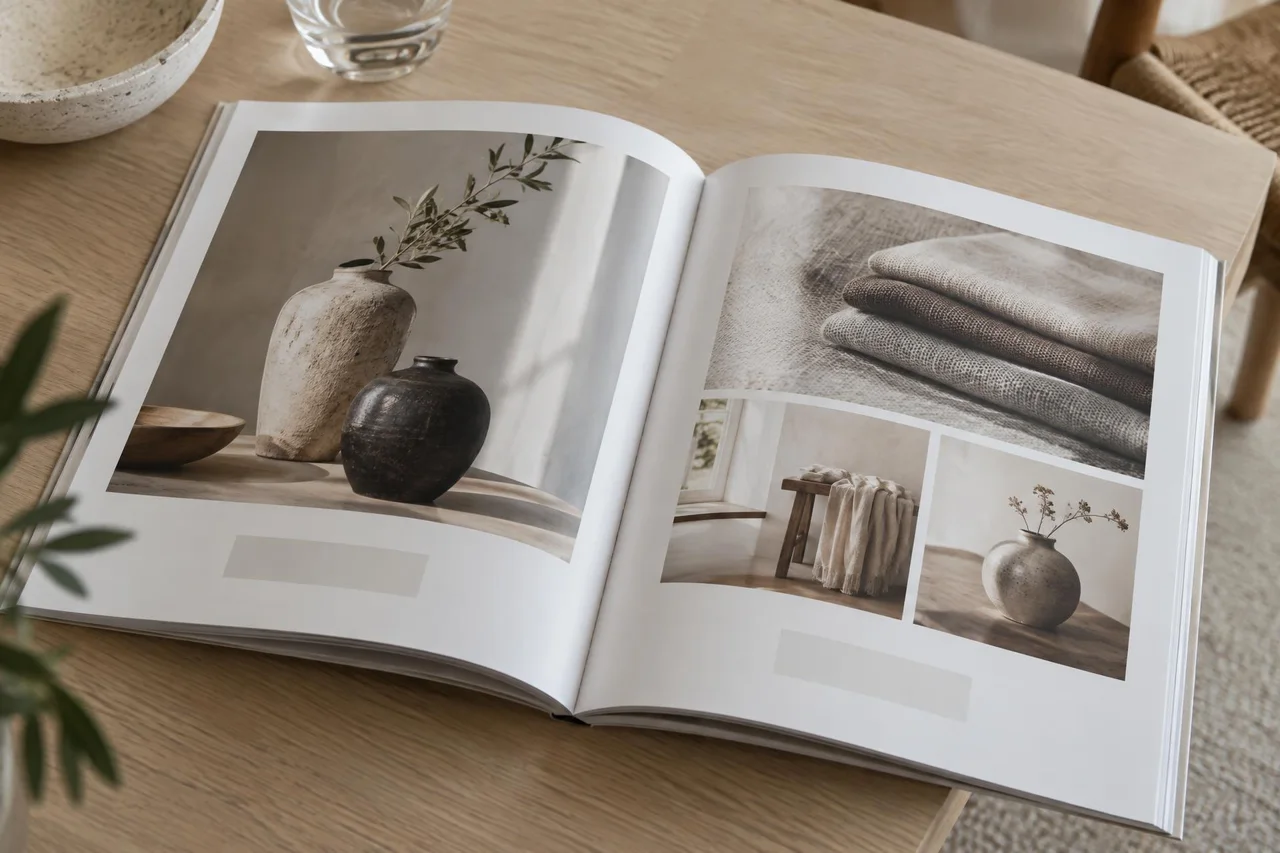 Open catalog spread with full-color product photography