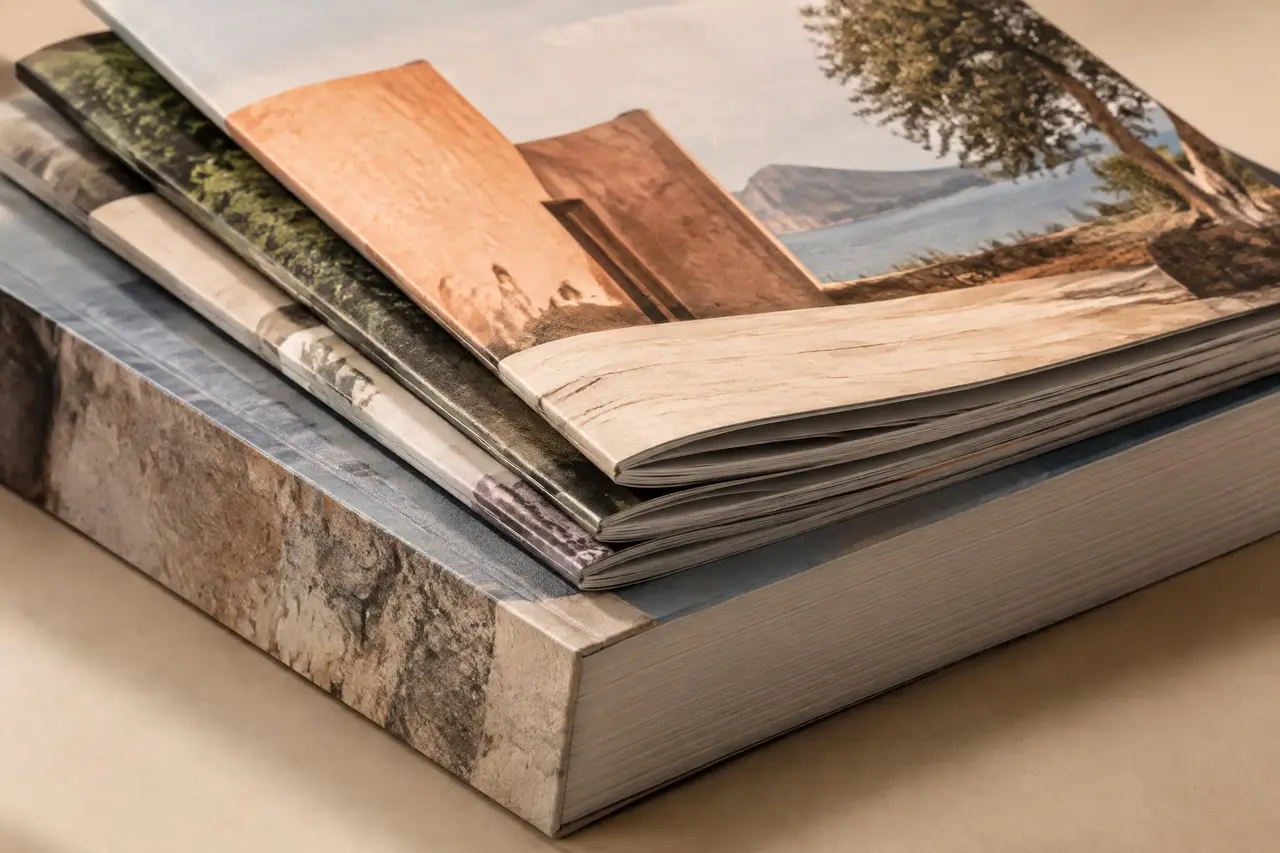 Stacked catalogs on a thick art catalog