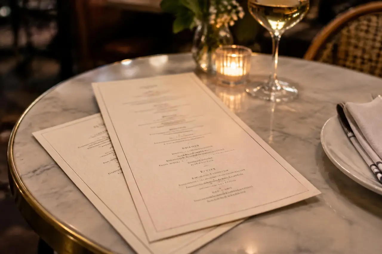 Printed menus on a marble table