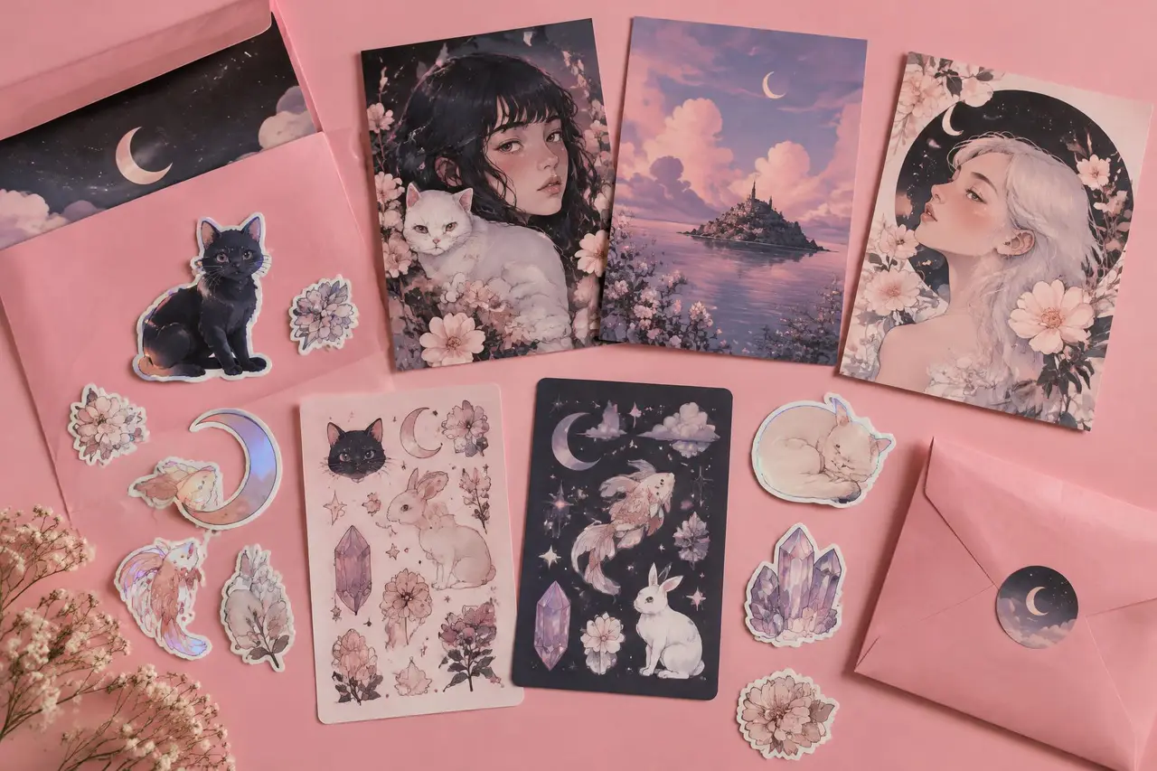 Stickers, sticker sheets and art prints on pink paper