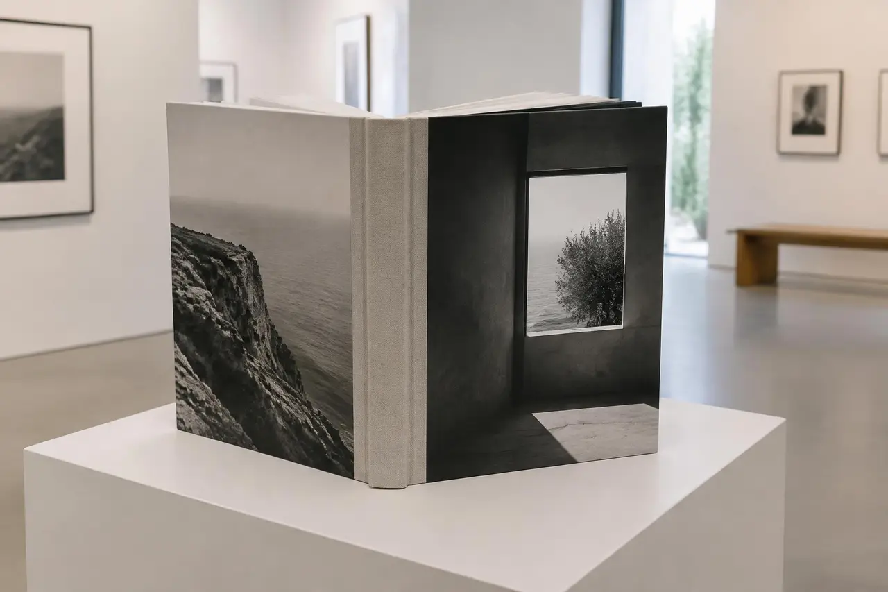 Hardcover photography monograph standing open on a gallery plinth