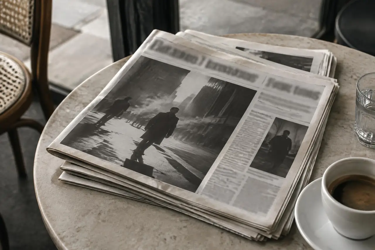 Folded editorial newspaper with photo spreads