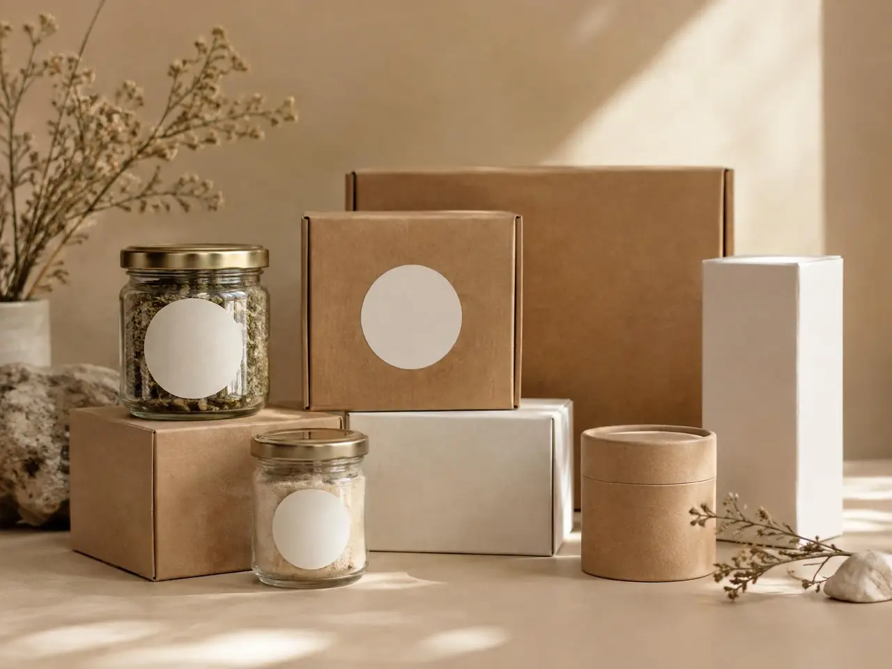 Kraft boxes with blank round labels