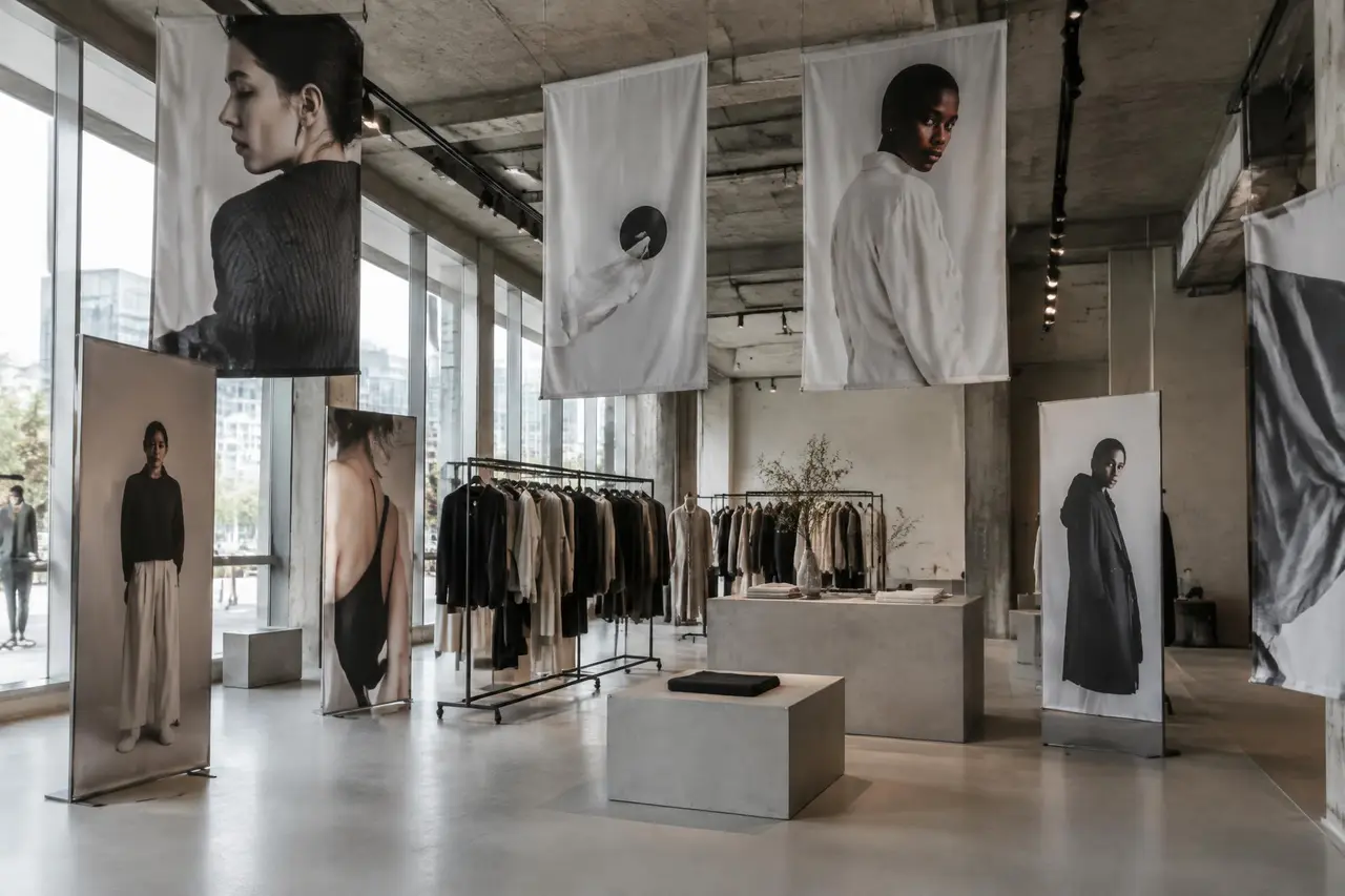 Hanging banners and displays in a fashion pop-up