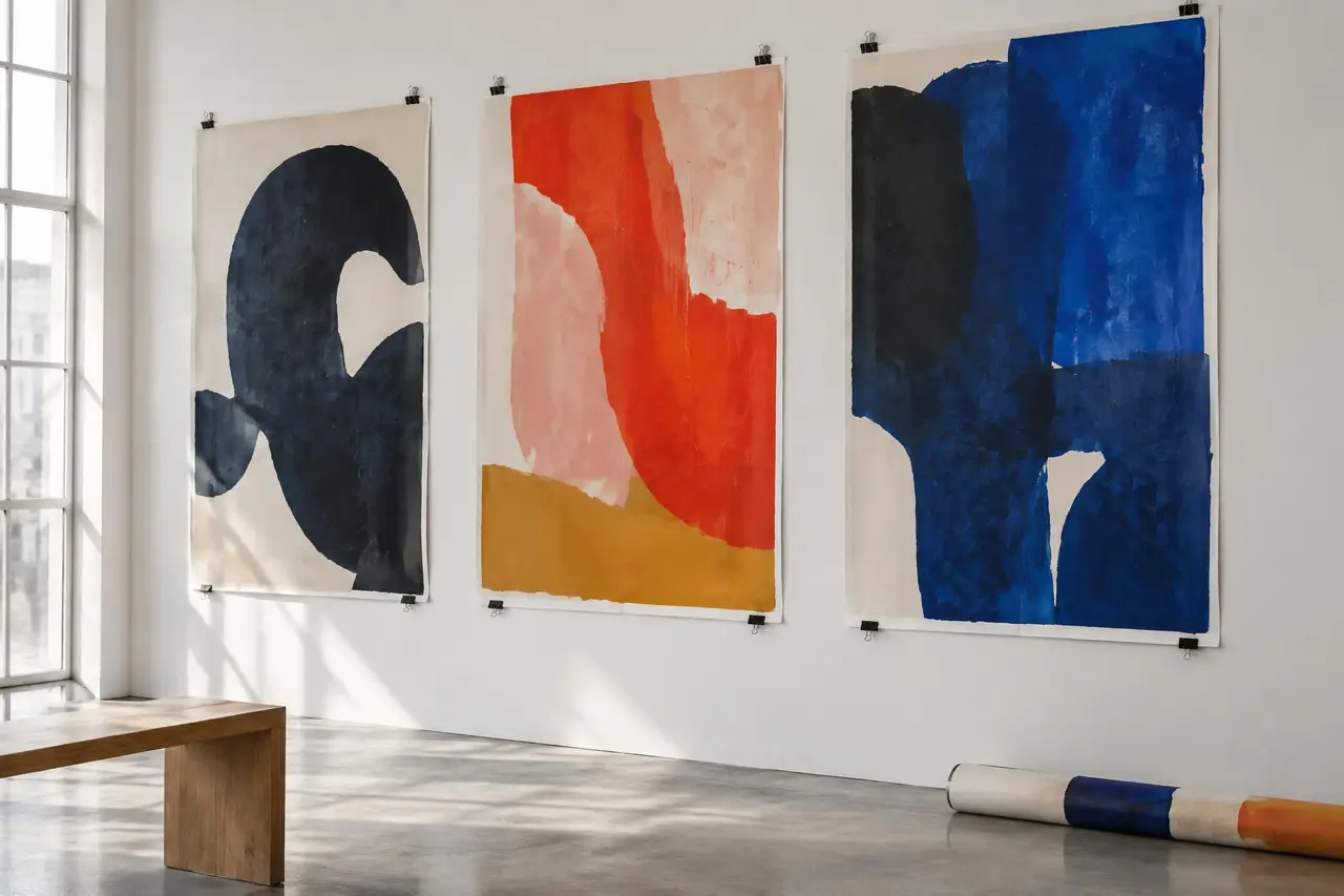 Abstract posters clipped to a gallery wall