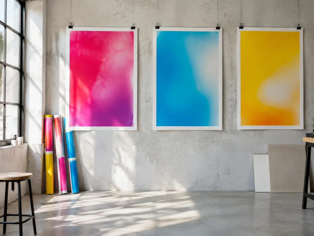 Large color posters hanging in a bright studio with rolled prints