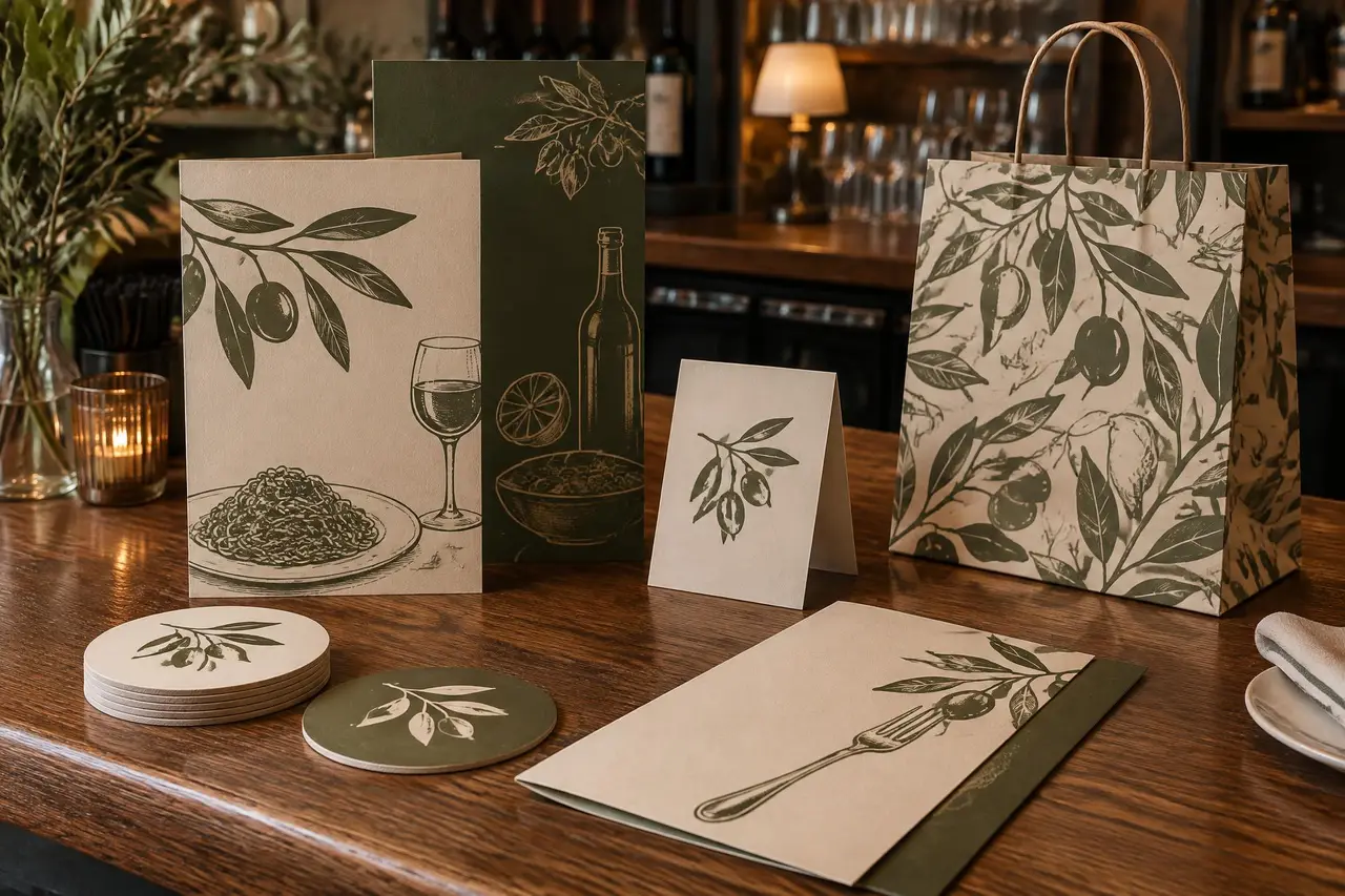 Menus, coasters and table cards on a bar counter