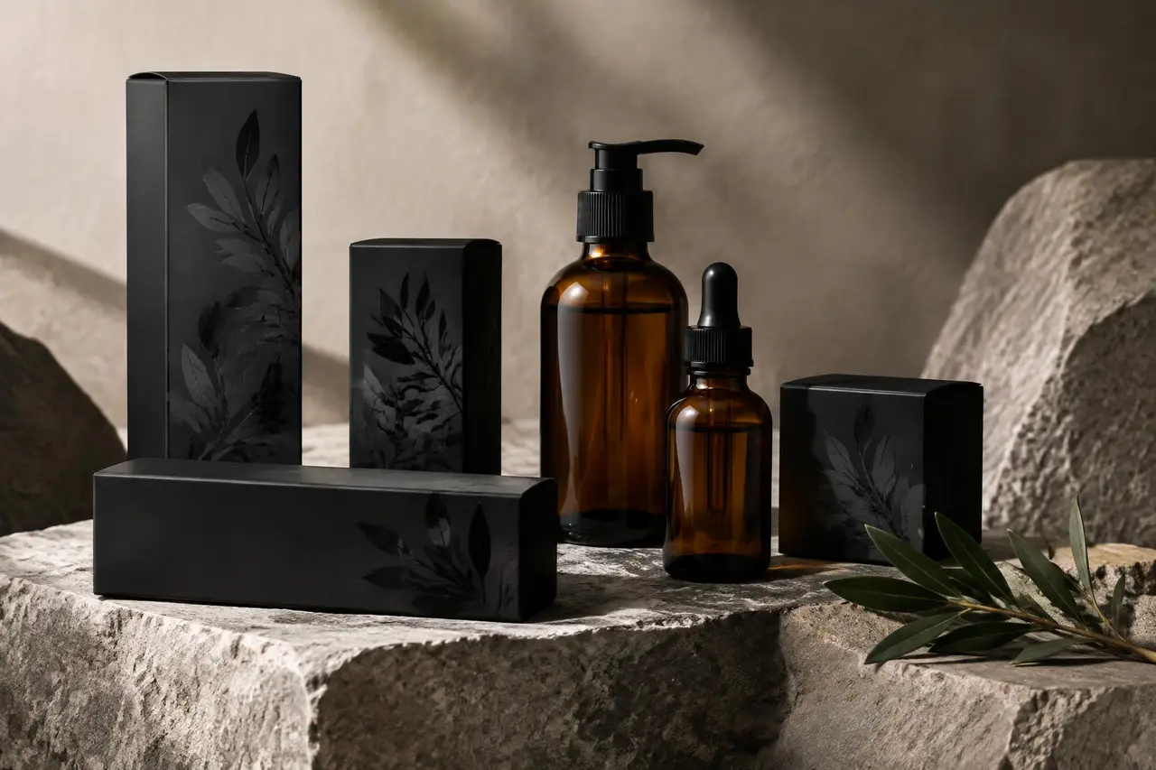 Black skincare cartons with glossy botanical pattern beside amber bottles