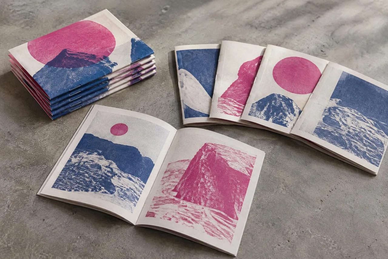 Fanned color zines on a concrete floor